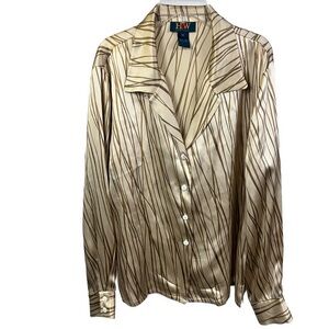 Vintage‎ Women's 100% Silk Patterned Long Sleeve Button Front Blouse- Size 14